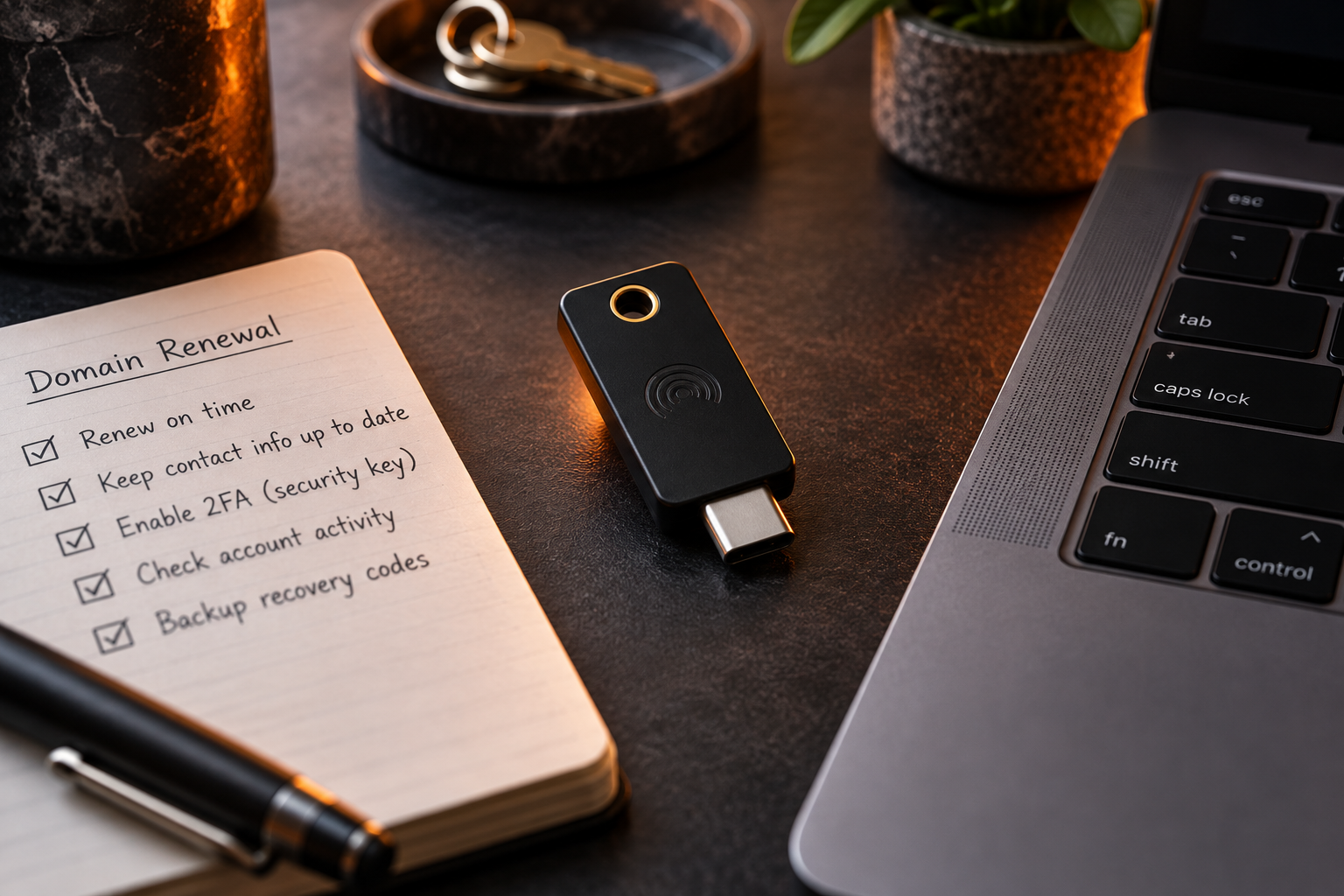 Original editorial still life of a generic USB-C security key beside a domain-renewal checklist