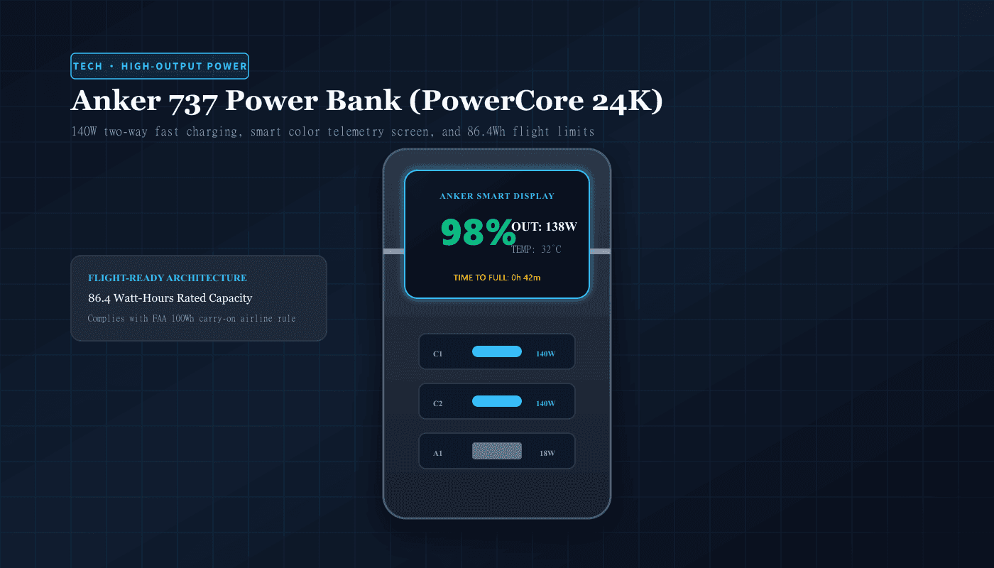Original editorial illustration of the Anker 737 Power Bank showing its color digital telemetry display and triple output ports