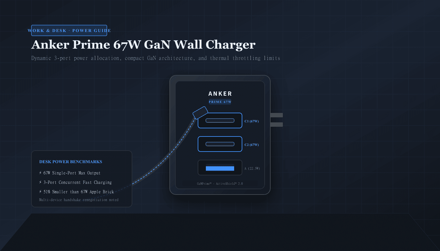 Editorial illustration of the compact Anker Prime 67W GaN wall charger showing dual USB-C ports, single USB-A port, and braided charging cable on an organized desk.
