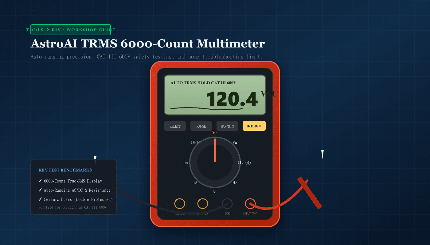 Editorial illustration of the AstroAI TRMS 6000-count digital multimeter with illuminated LCD display, test leads, and rotary selection dial.