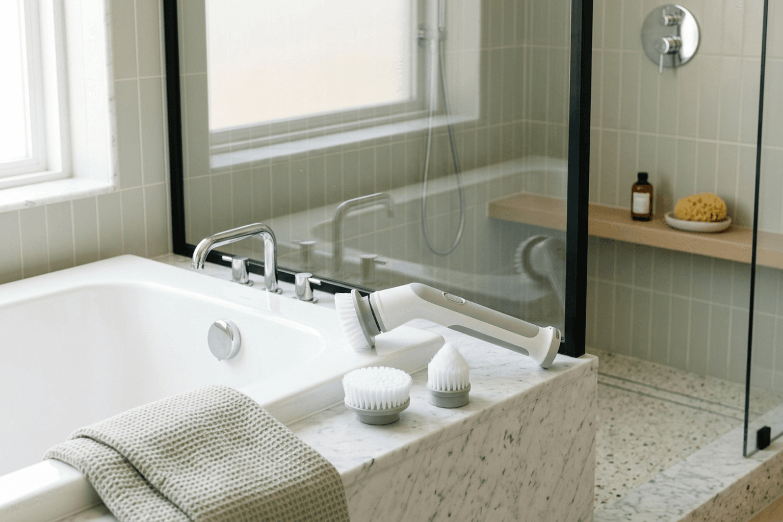 Original editorial illustration of a cordless electric spin scrubber with interchangeable brush attachments beside a modern bathtub