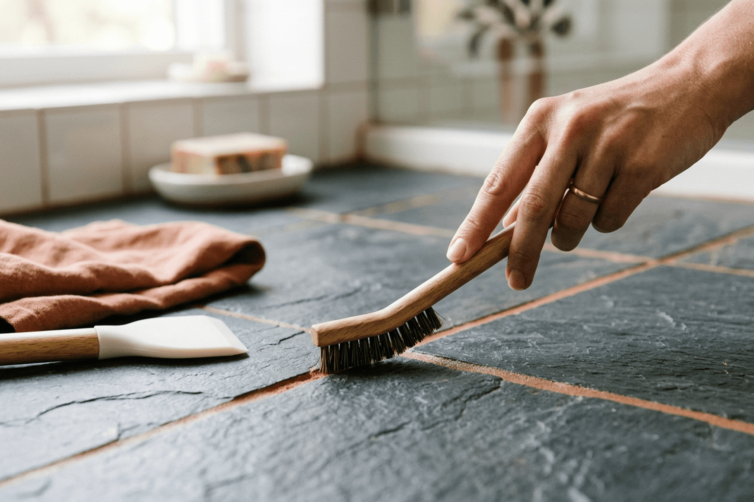 Original editorial illustration of an angled grout cleaning brush scrubbing tile seams on a slate bathroom floor