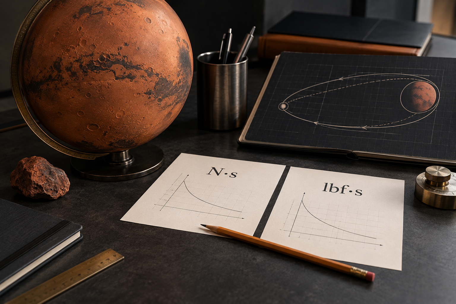 Original editorial illustration of a Mars globe beside two sheets labelled N·s and lbf·s on an engineering desk