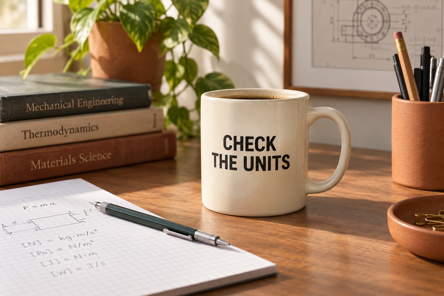 Original concept illustration of a cream mug reading CHECK THE UNITS on a desk; not a verified retail design