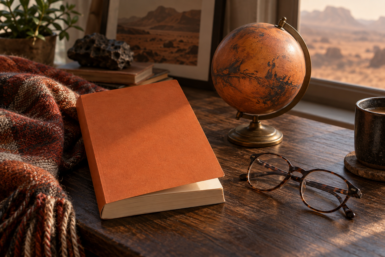 Original editorial reading scene with a blank orange book, glasses and Mars globe; not The Martian's published cover