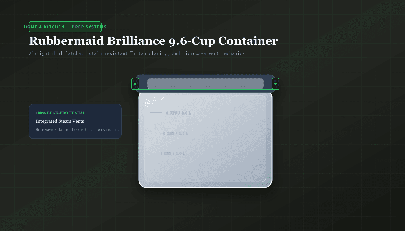 Original editorial illustration of the clear Rubbermaid Brilliance 9.6-cup container showing its airtight dual latches and silicone seal