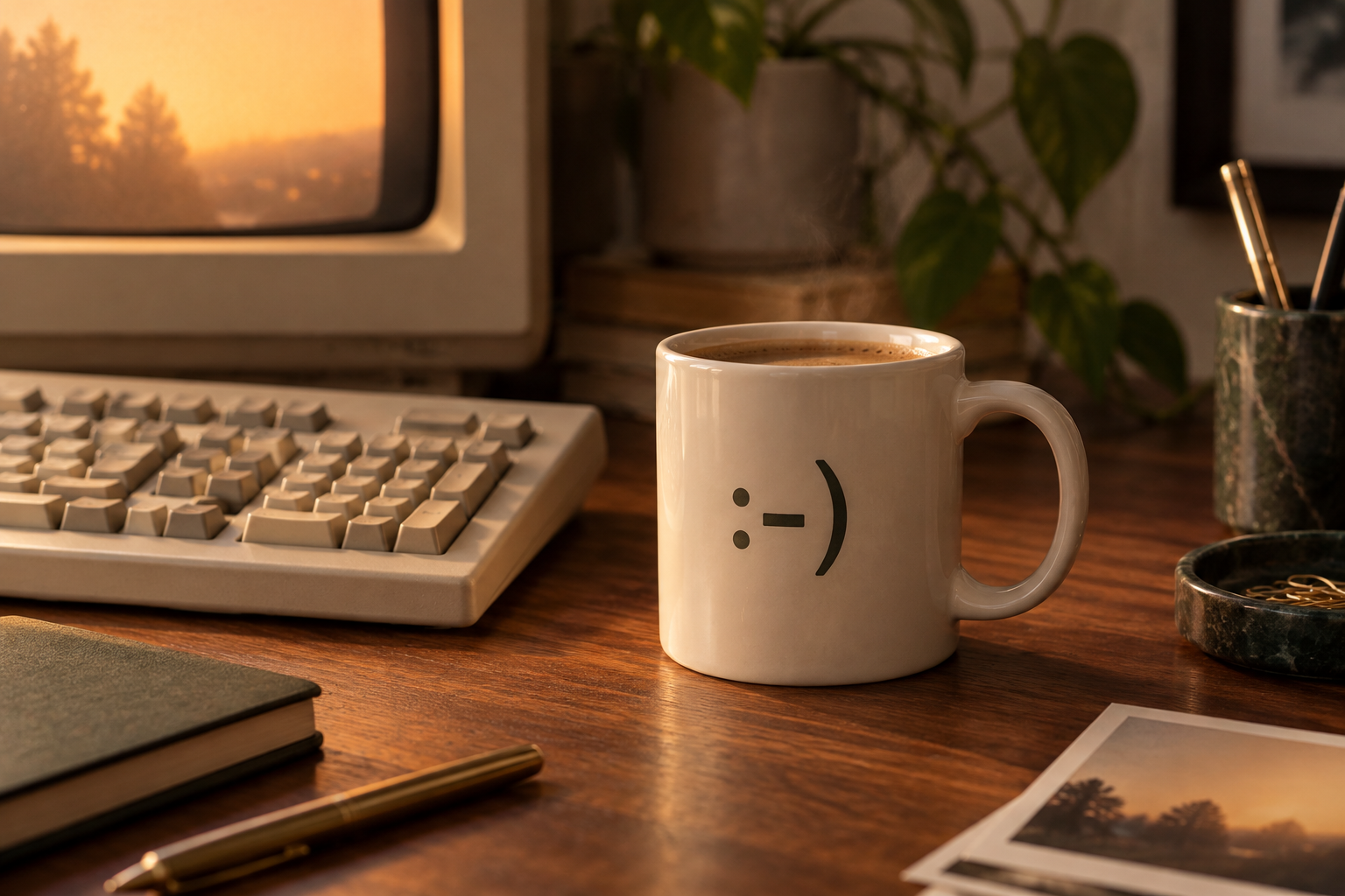 Original editorial still life of a cream punctuation-inspired mug beside an old keyboard