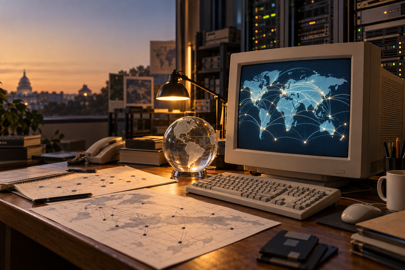 Original editorial scene of a 1998 network desk with a CRT monitor mapping global internet connections