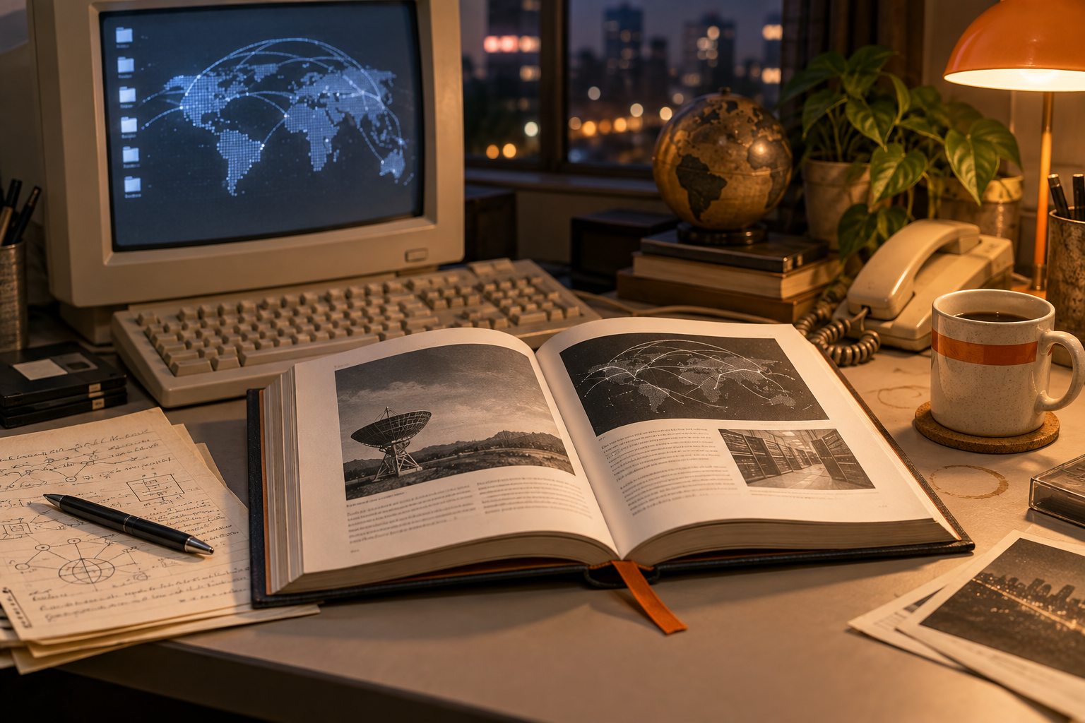 Original editorial still life of an open internet-history book beside a late-1990s computer