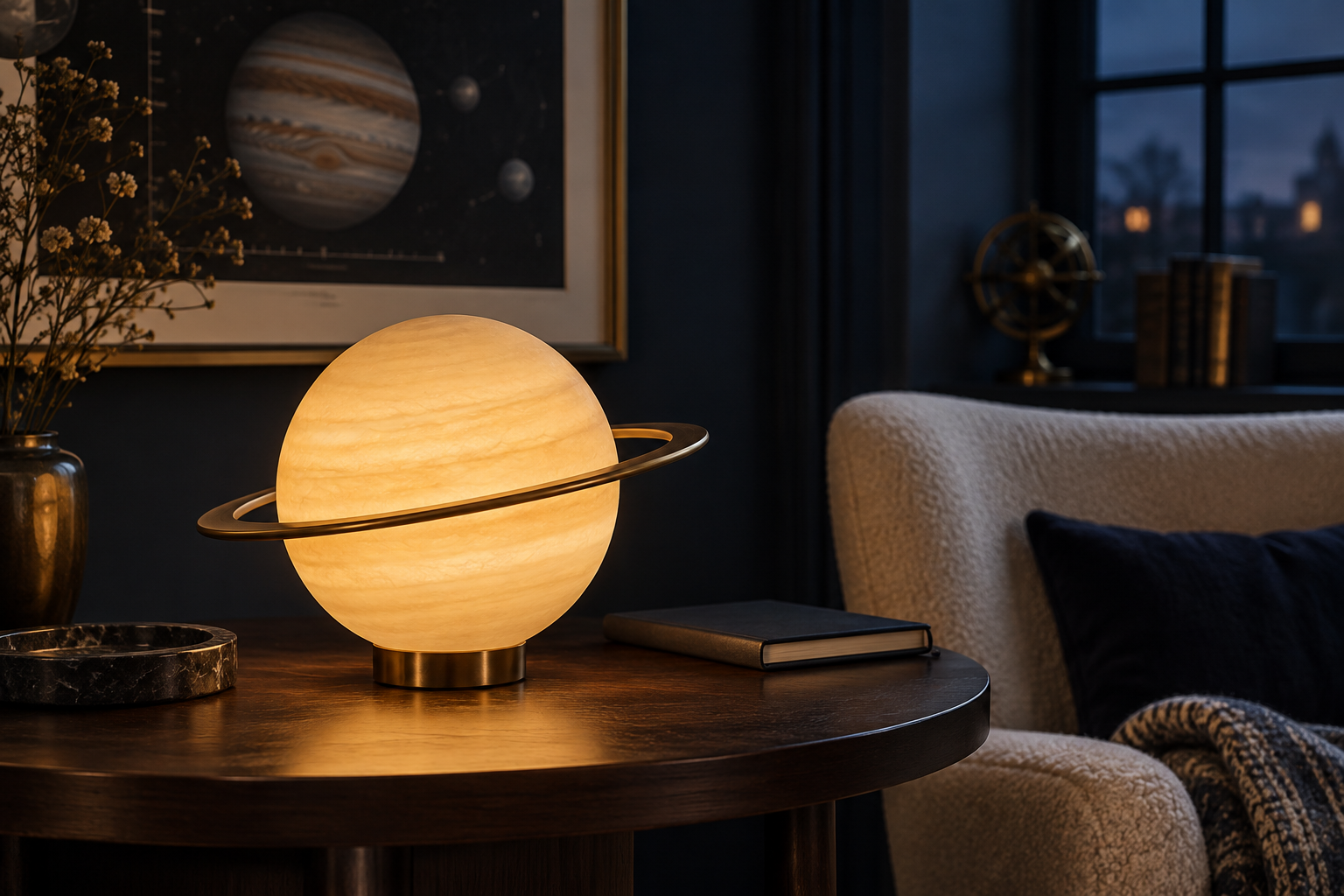 Original editorial still life of a warm Saturn-inspired ambient lamp in a reading corner