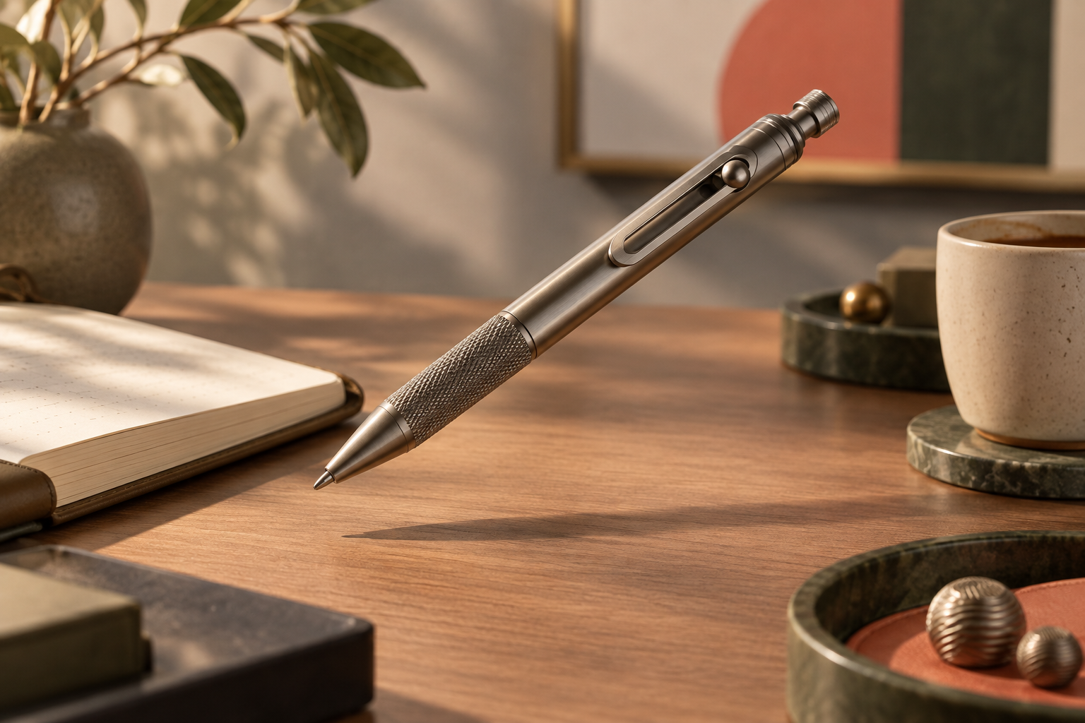 Original editorial illustration for TRAILFURY Titanium Kinetic EDC Pen
