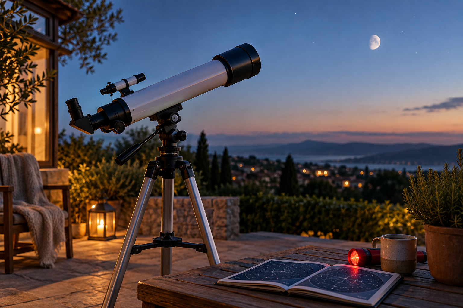 Original editorial image of a beginner refractor telescope set up for twilight stargazing