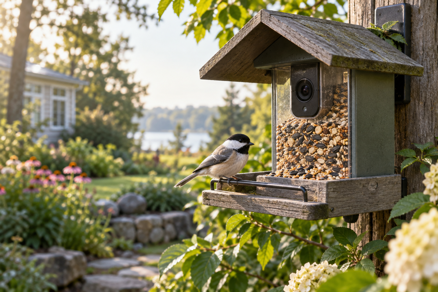 Original editorial garden scene with a generic camera bird feeder and a chickadee