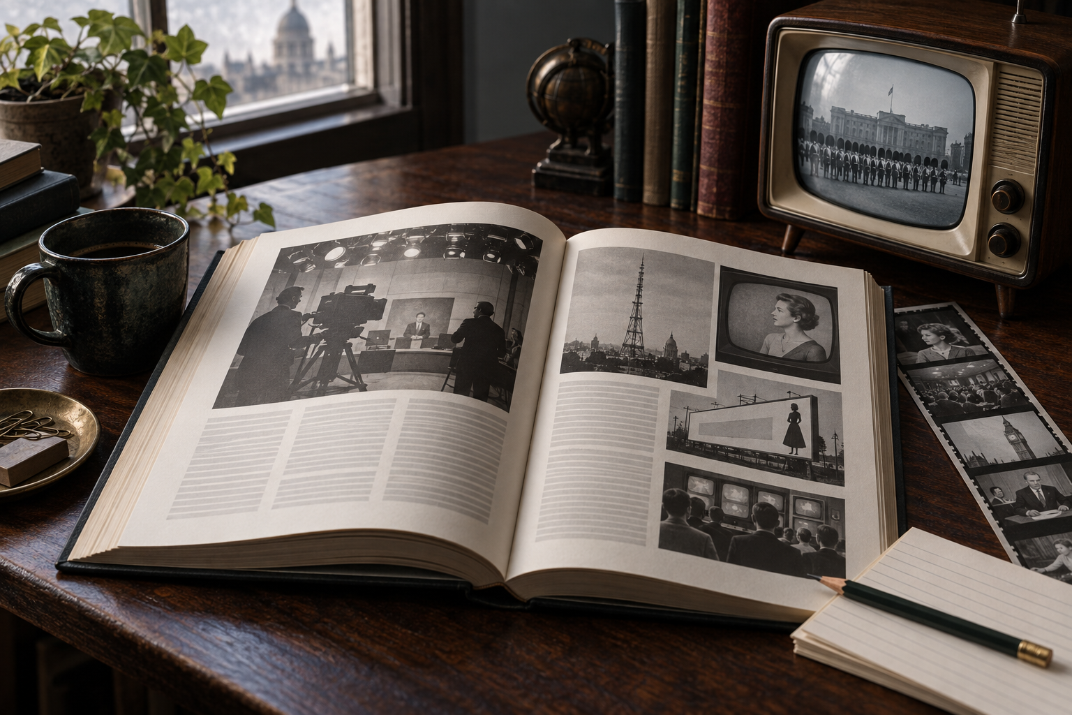 Original editorial still life of an open generic broadcasting-history book beside a 1950s television