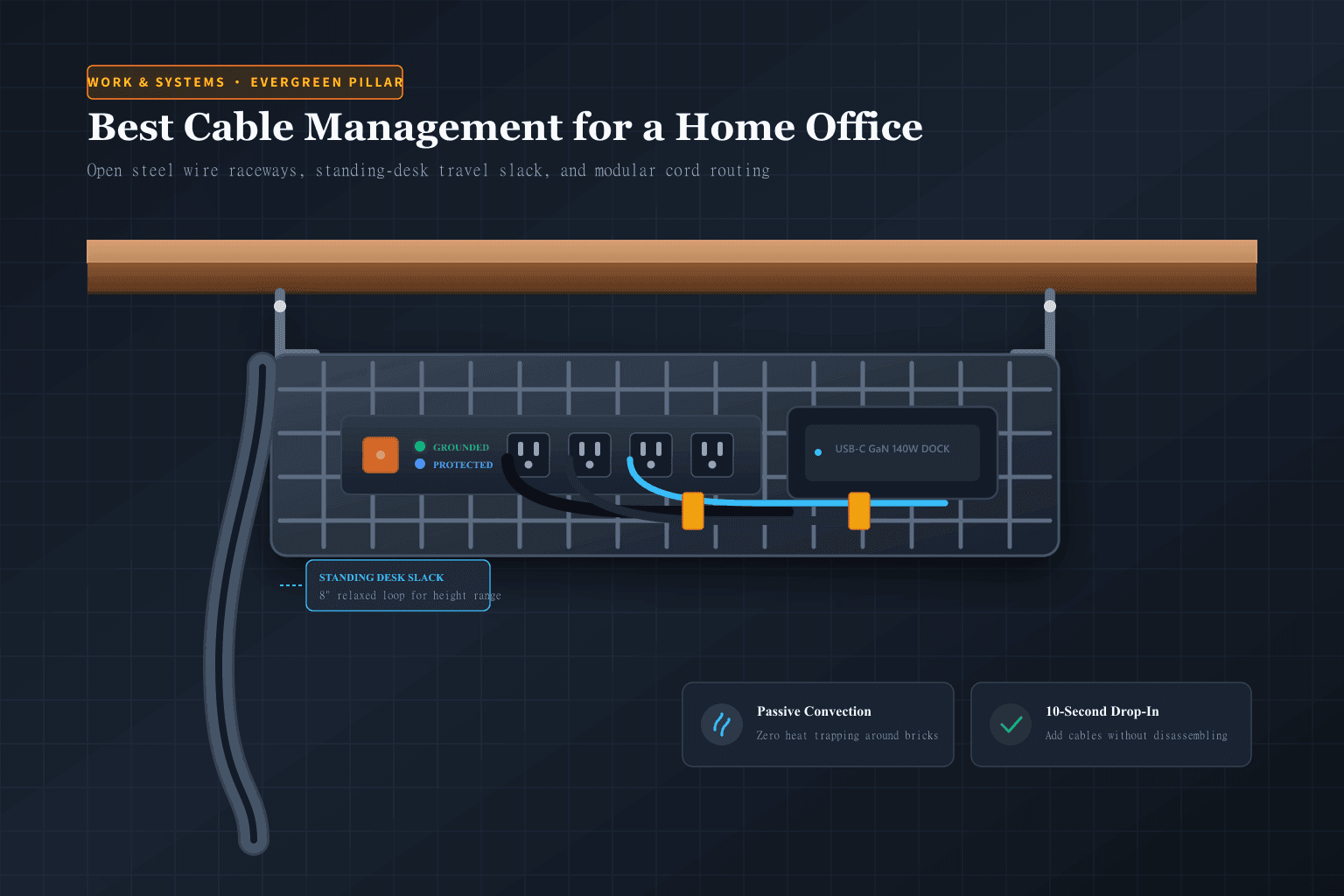 Original editorial illustration of an open steel wire cable management tray mounted under a wooden desk organizing power strips and computer cables