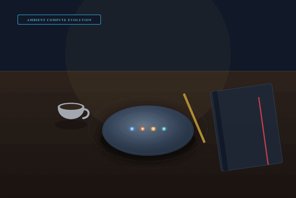 Editorial still life of the Google Nest Mini smart speaker on a modern oak desk beside a ceramic cup and journal with illuminated status LEDs.