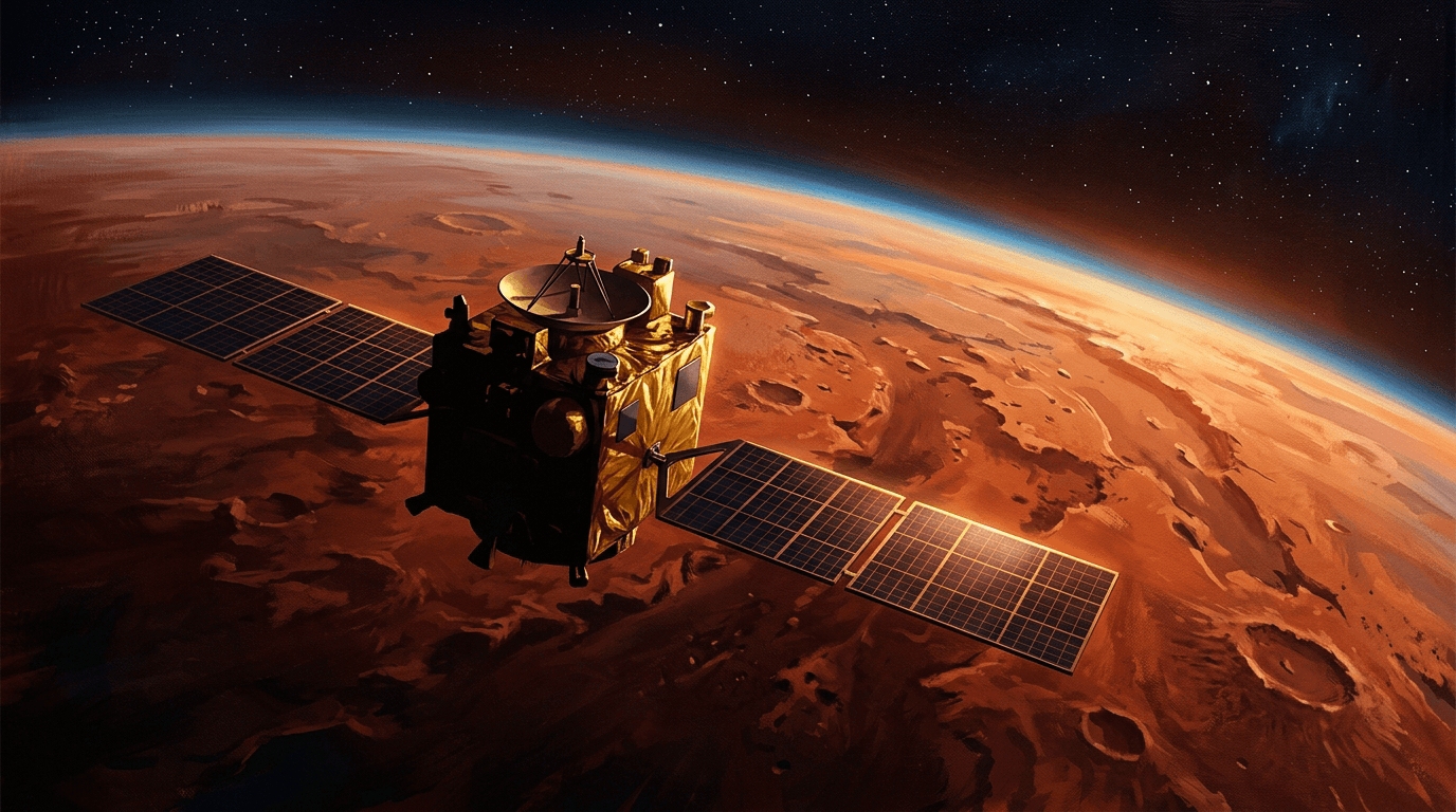 Original editorial illustration of India's Mars Orbiter Mission spacecraft orbiting above the curved red surface and atmosphere of Mars