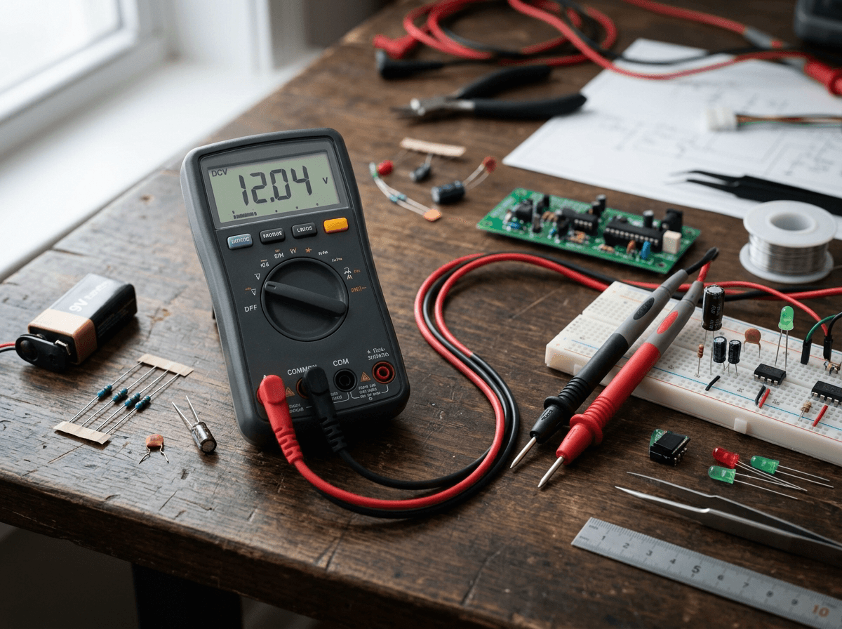 Original editorial illustration of a precision digital multimeter and test leads on an engineering workbench