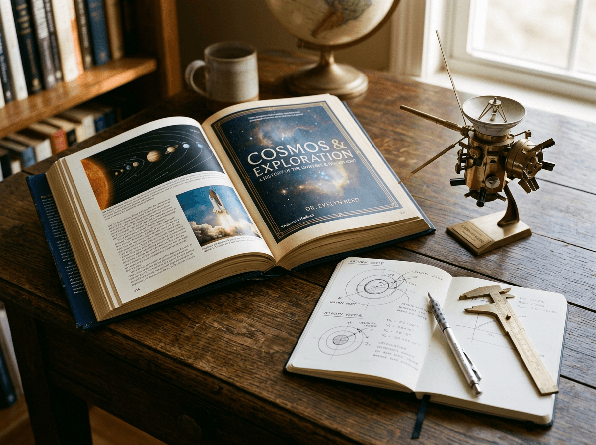 Original editorial illustration of an astronomy exploration book and desktop spacecraft model on an engineering desk