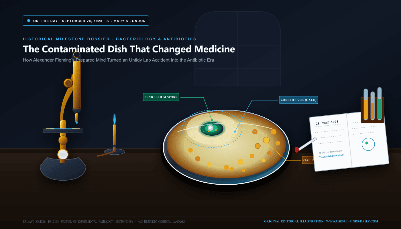 Editorial illustration of Alexander Fleming's 1928 St. Mary's Hospital laboratory bench with brass microscope, culture tubes, and a contaminated petri dish showing bacterial lysis around Penicillium mold.