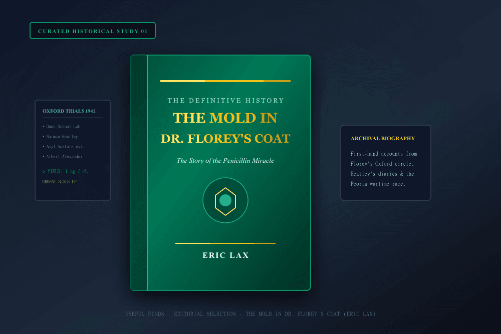 Editorial presentation of Eric Lax's historical study The Mold in Dr. Florey's Coat on an oak laboratory desk beside vintage fountain pen and Oxford archive notes.