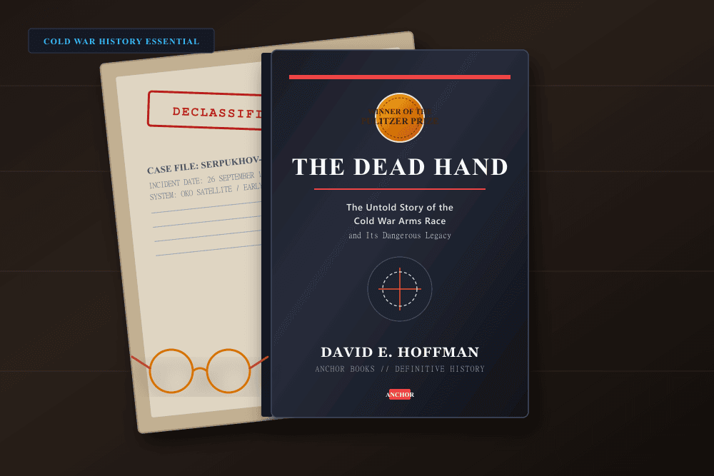 Editorial presentation of David E. Hoffman's historical study The Dead Hand on an oak desk beside declassified archival dossiers and reading glasses.