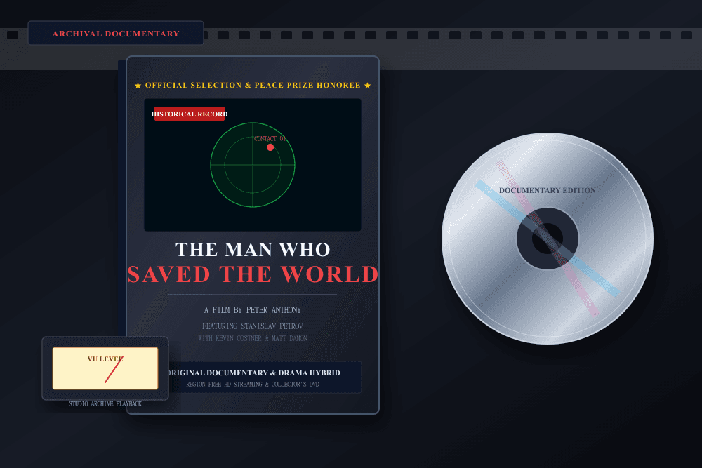 Editorial still life of The Man Who Saved the World documentary DVD case beside studio playback equipment, tape reels, and vintage audio meters.