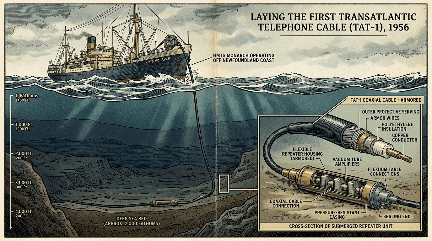 Historical diagram and editorial illustration of cable ship HMTS Monarch laying the TAT-1 transatlantic telephone cable in 1956