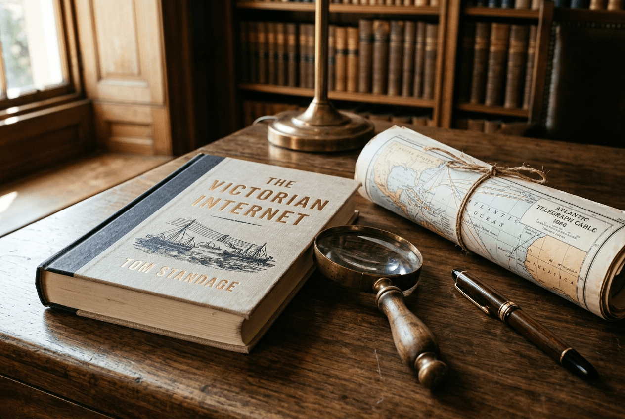 Editorial still life of The Victorian Internet book resting on a wooden desk next to vintage nautical cable charts