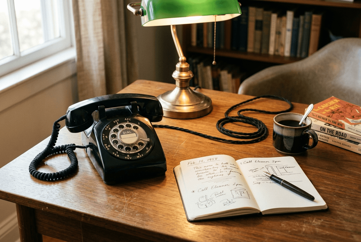 Editorial still life of a classic mid-century black rotary desk telephone on a wooden study table