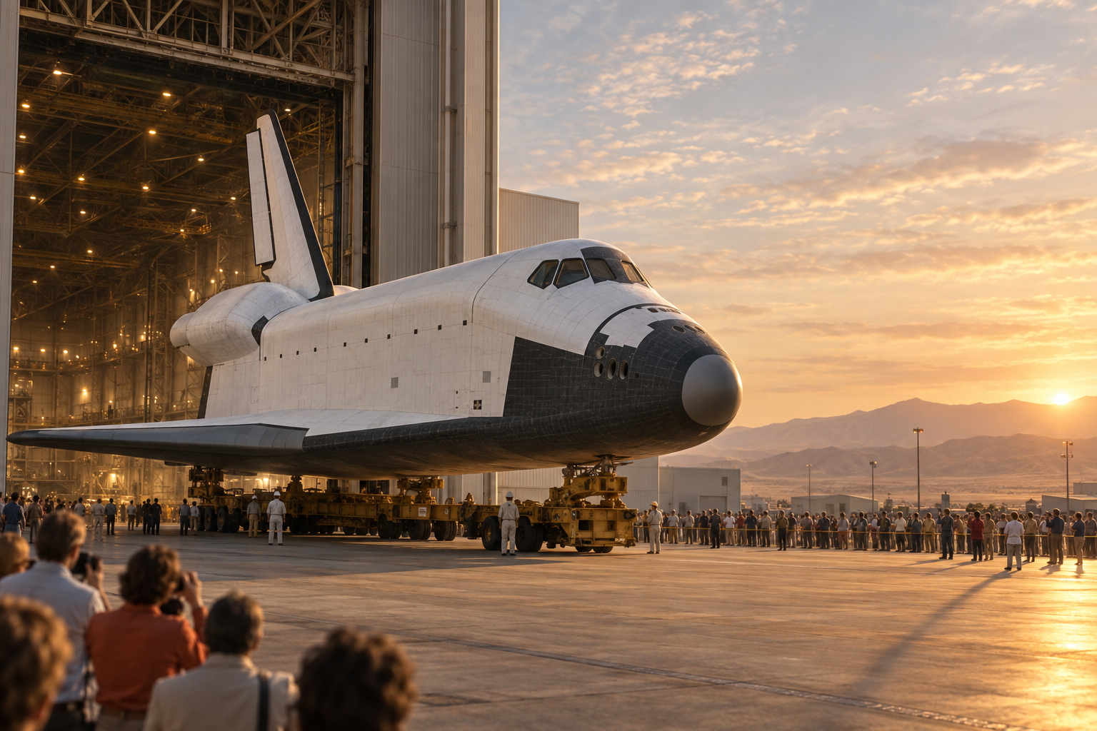 Original editorial illustration of Space Shuttle Enterprise emerging from its Palmdale assembly hangar in 1976