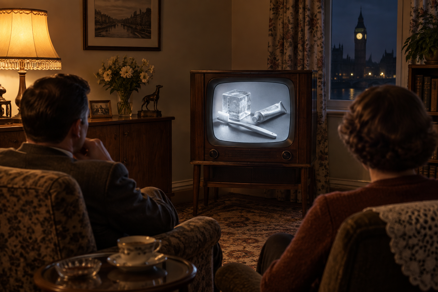 Original editorial scene of two viewers watching a 1950s television showing an abstract toothpaste-and-ice still life