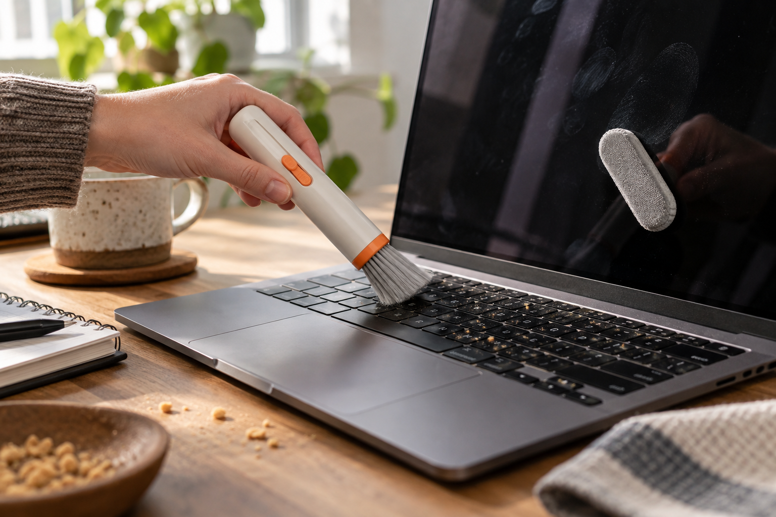Double-ended cleaning tool beside a laptop keyboard