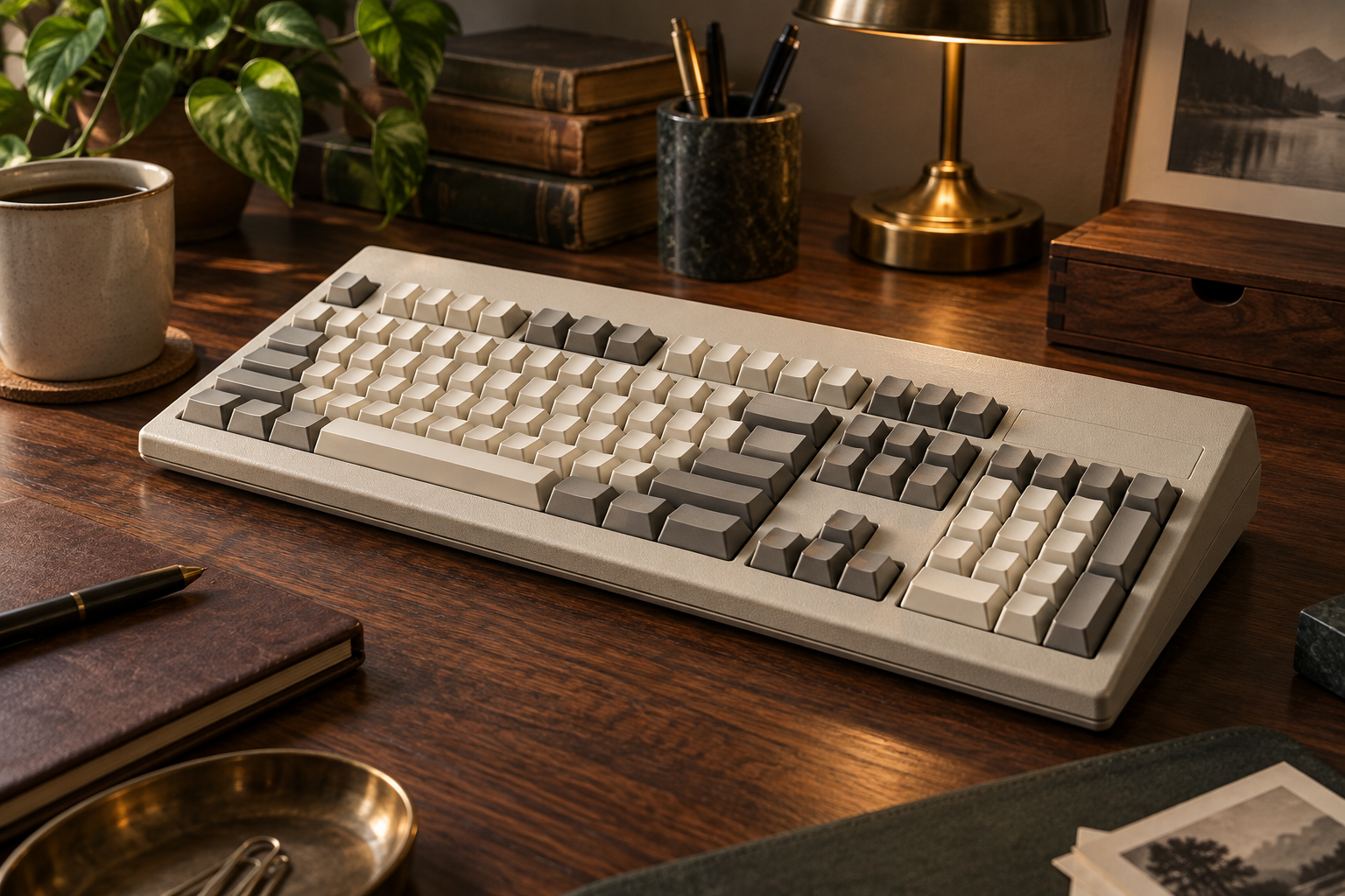 Original editorial still life of a generic retro mechanical keyboard