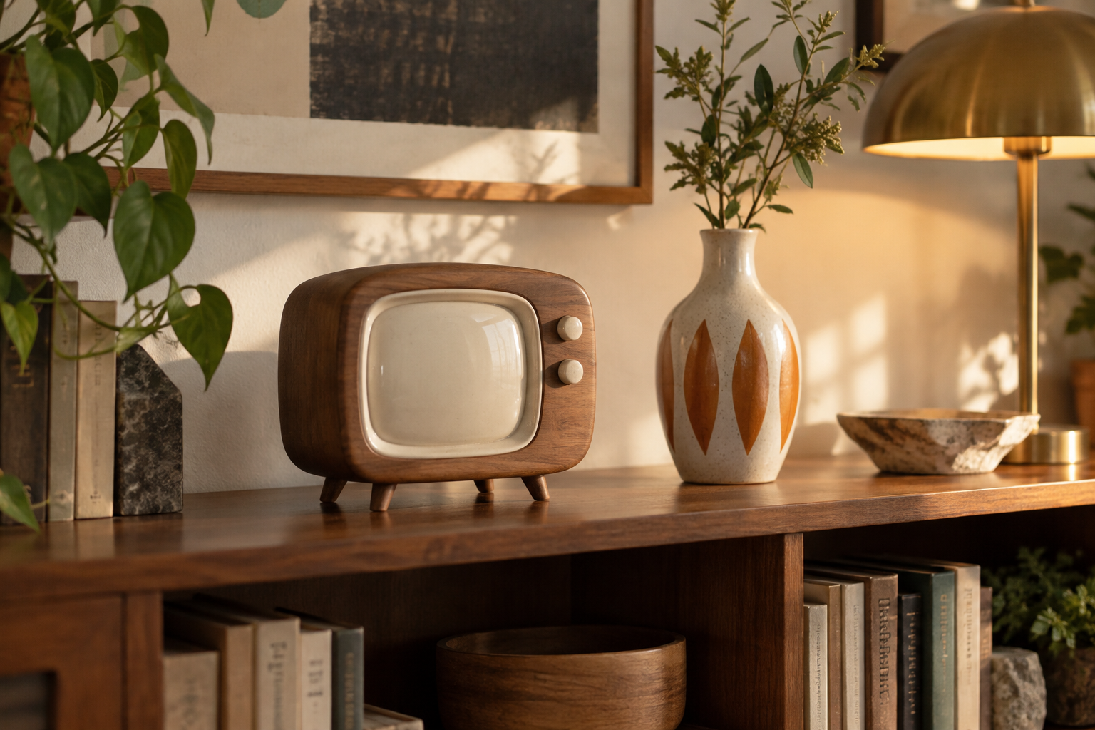 Original editorial still life of a nonfunctional retro television-shaped ceramic and wood ornament