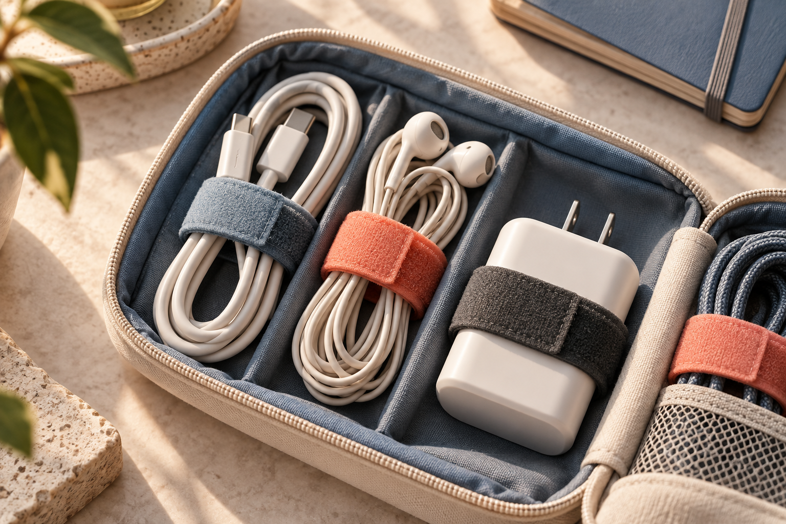 Reusable ties holding charging cables