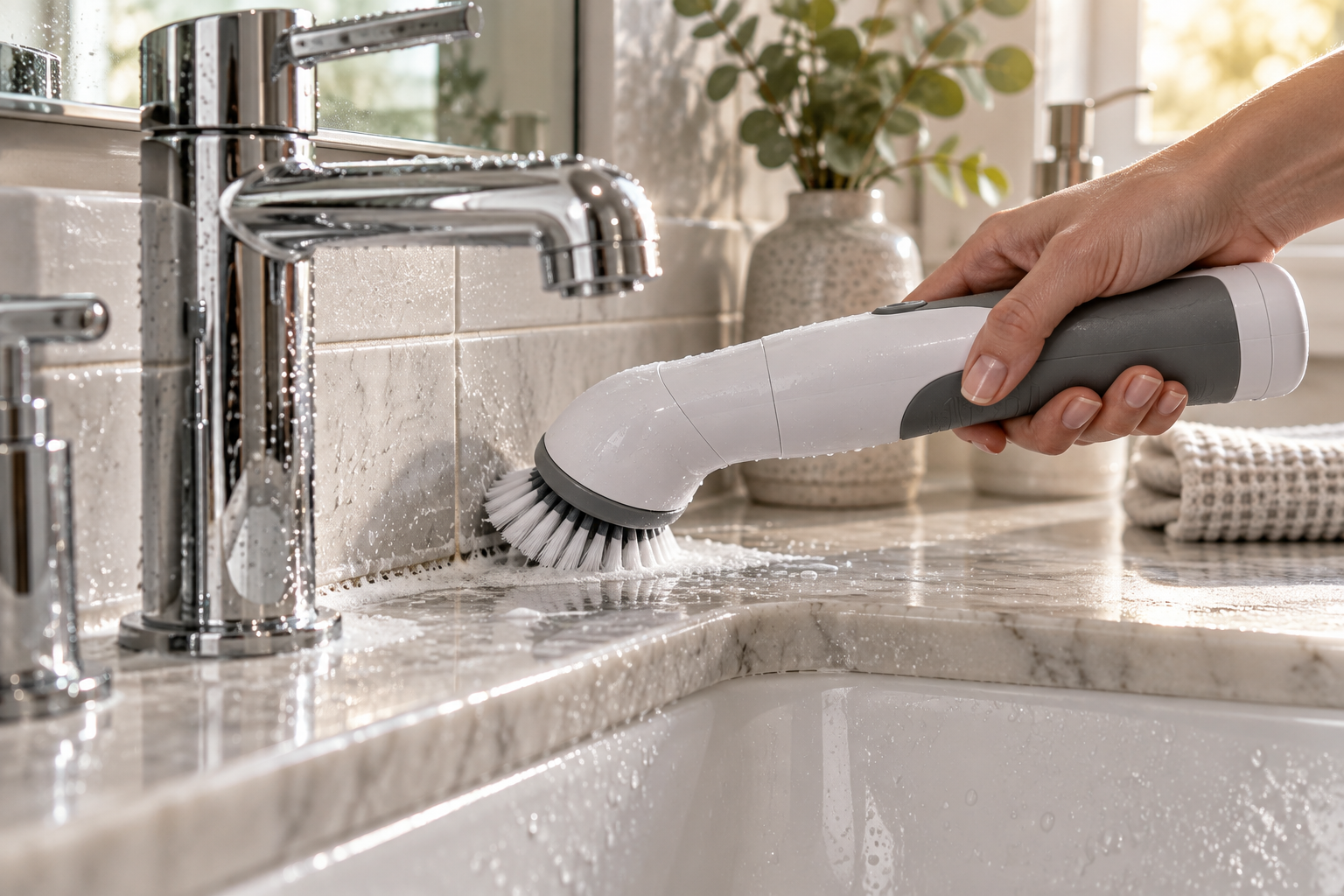 Powered detail brush cleaning around bathroom hardware