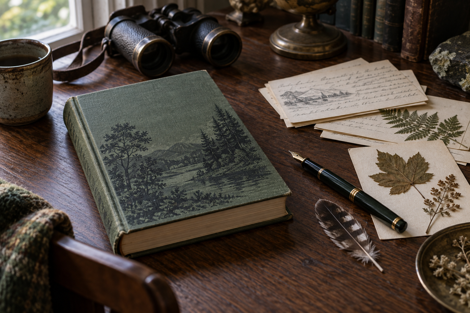 Original editorial still life of a 1960s nature book, research cards, leaves, and a feather