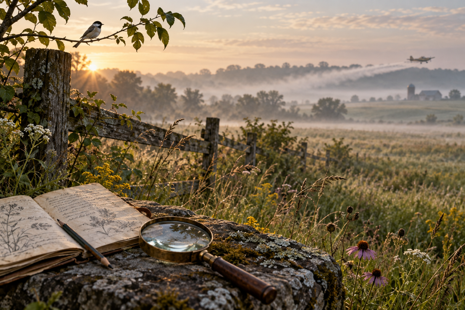 A field-edge scene representing Rachel Carson's Silent Spring