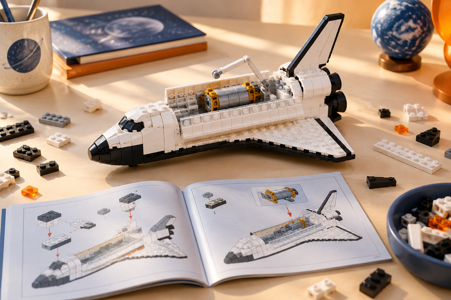 Original editorial illustration of a brick-built space shuttle model on a tabletop